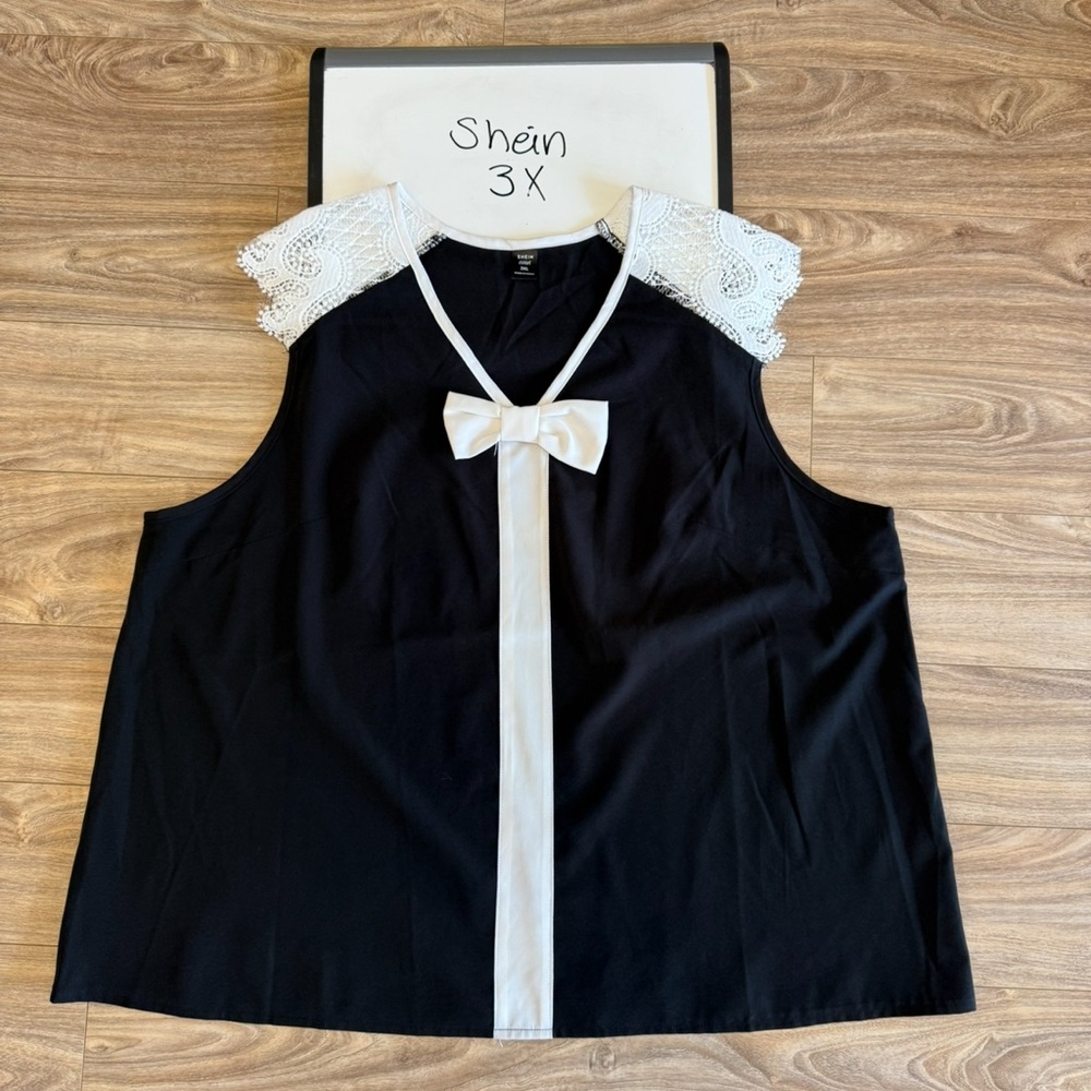SHEIN Black Sleeveless Bow Front Blouse with White Lace Trim